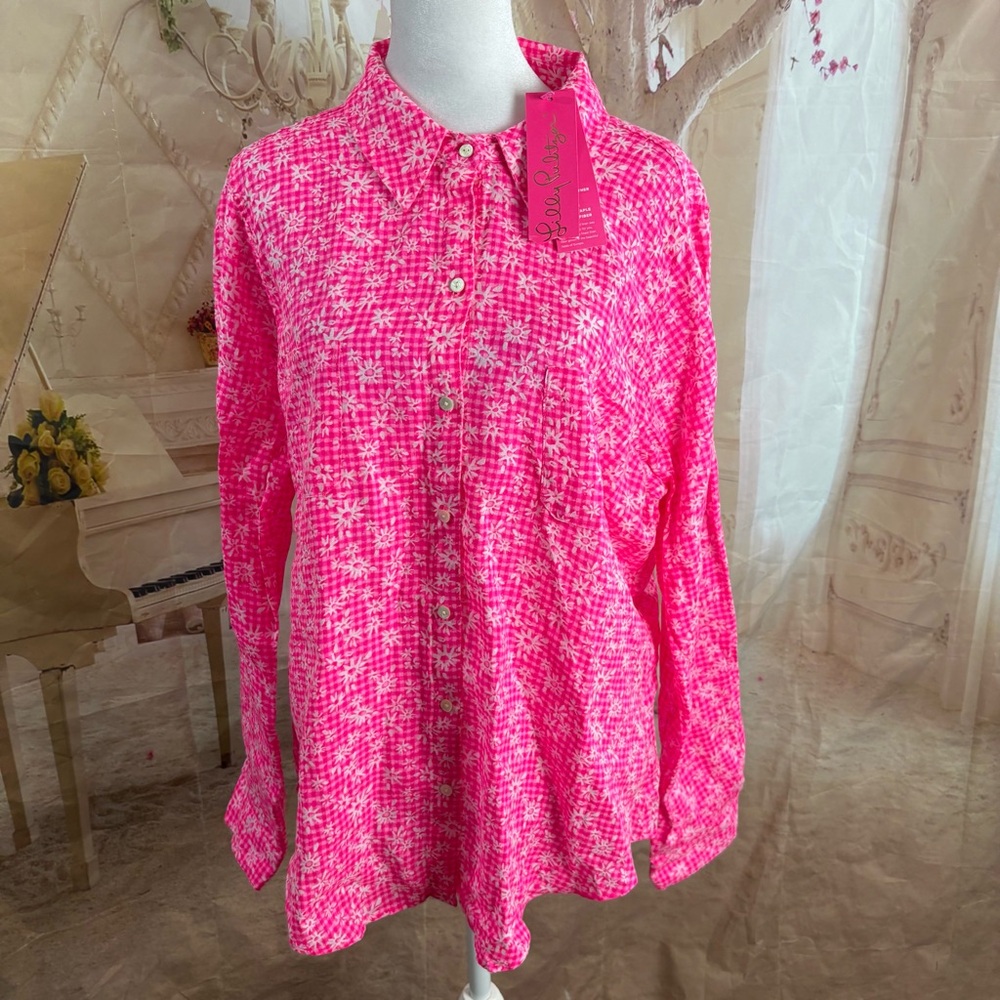 NEW Lilly Pulitzer Sea View Pink Aura linen Button Down - Picture 6 of 12